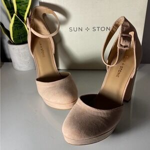 Sun + Stone Womens Platform‎ Pumps Nude Faux Suede Ankle Strap Block Heels 9.5